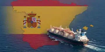 GNL y Factura Energética España Invierno 2025: Análisis Tanque de almacenamiento de GNL con la bandera española, simbolizando la importación y el impacto en la energía.