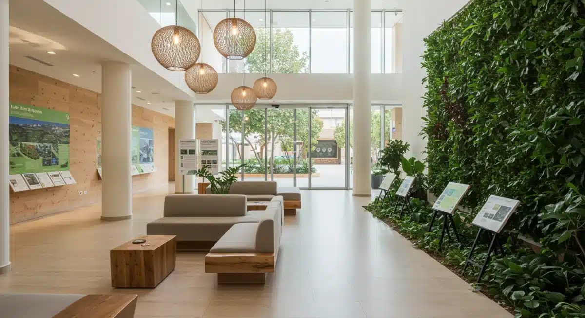 Recepción de un hotel moderno y sostenible con luz natural, simbolizando la innovación y el turismo de alto valor en España.