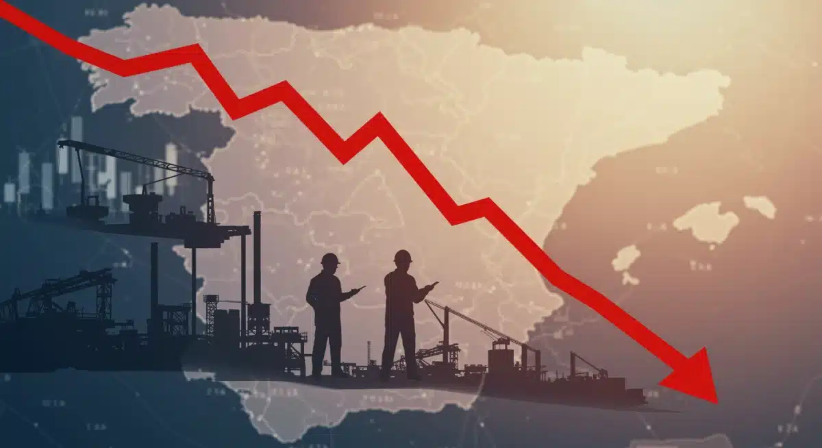 Gráfico de impacto económico negativo con fábricas automotrices españolas, simbolizando la amenaza de aranceles.