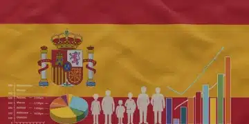 Gráfico mostrando el impacto demográfico en el gasto público español para 2025, con figuras de ancianos y jóvenes.