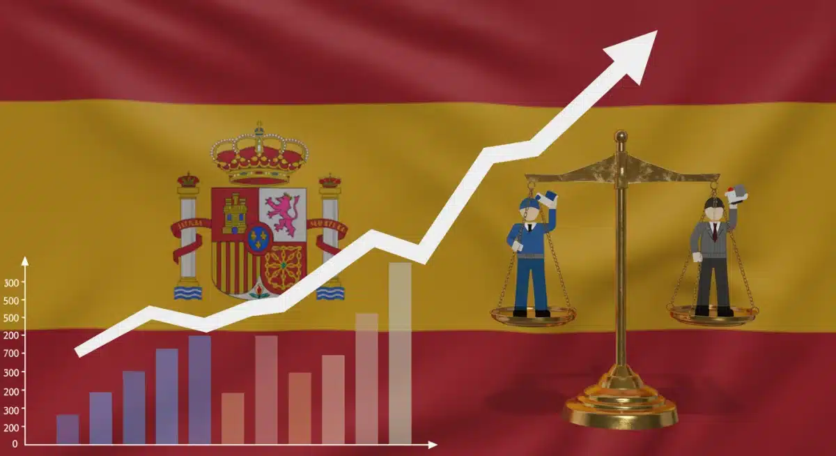 Gráficos económicos y una balanza equilibrando derechos laborales y crecimiento empresarial en España.