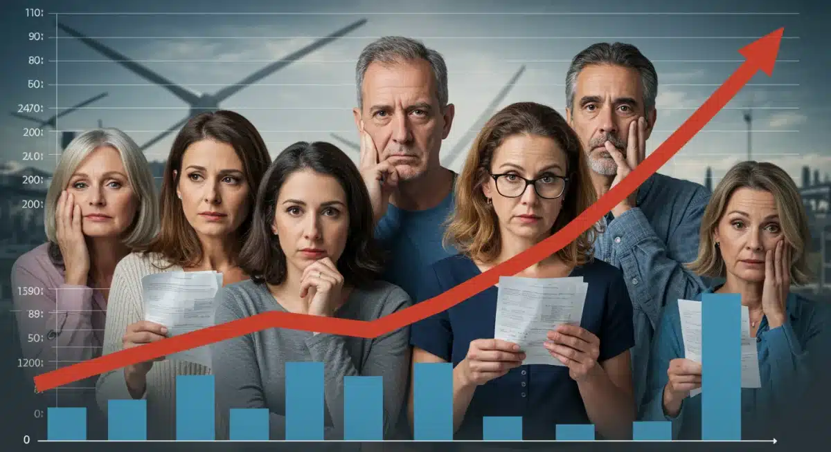 Ciudadanos españoles preocupados revisando sus facturas de electricidad, con un gráfico de precios energéticos al fondo, reflejando el impacto de las políticas.