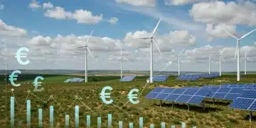 Paisaje español con elementos de energía renovable y gráficos económicos, representando los impuestos verdes de 2025 en España.