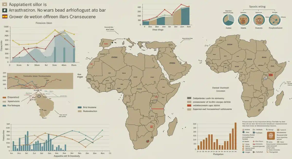 Infografía de indicadores económicos y proyecciones de crecimiento en África Subsahariana para empresas españolas.