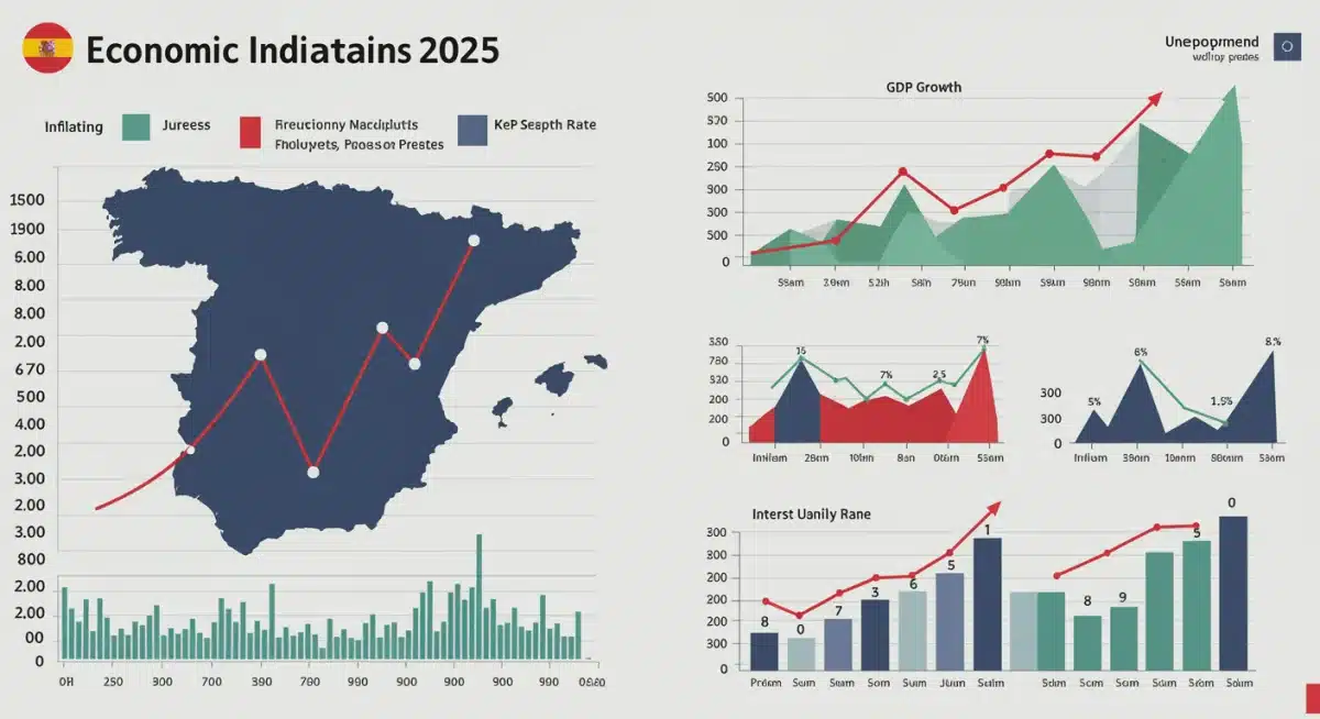 Gráficos y estadísticas que muestran indicadores económicos clave de España para el año 2025: inflación, PIB, desempleo y tipos de interés.