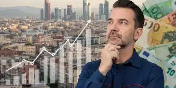 Trabajador español reflexivo ante gráfico de inflación y billetes de euro, reflejando el impacto económico de la inflación en salarios.