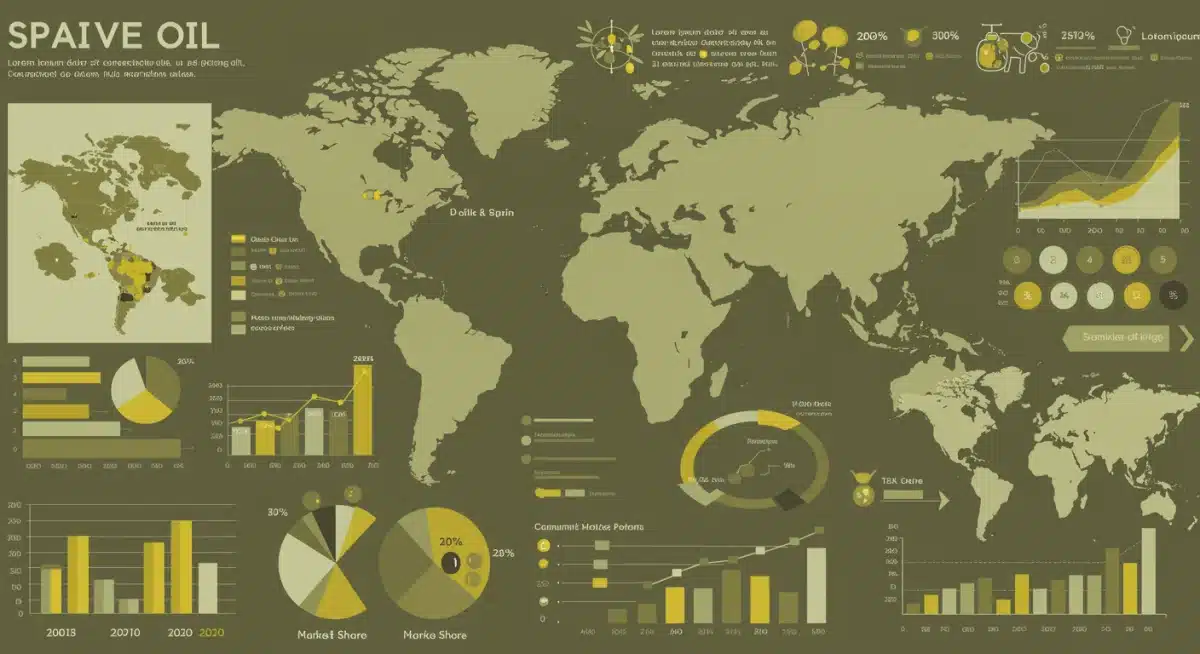 Infografía de tendencias globales de producción y consumo de aceite de oliva, destacando a España.