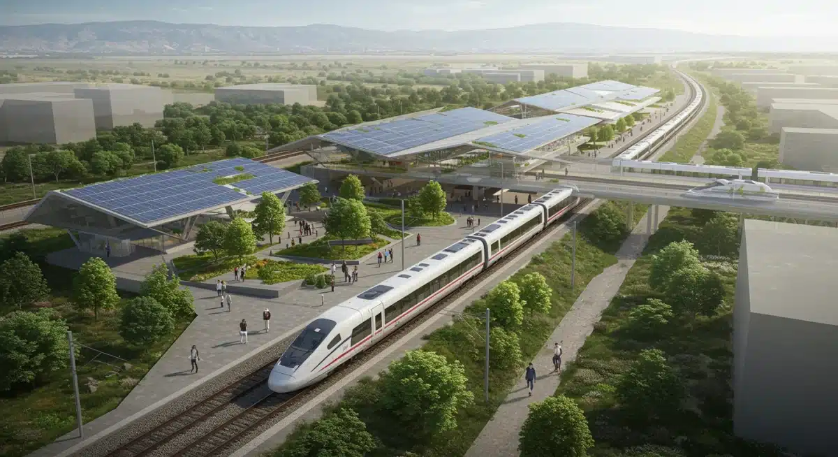 Renderización arquitectónica de un tren de alta velocidad en una estación moderna y ecológica en España.
