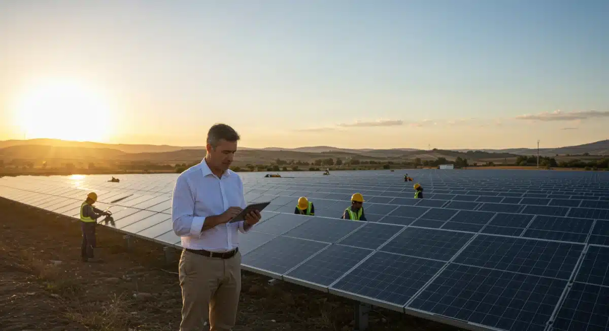 Ingeniero supervisando un proyecto de energía renovable, destacando el auge de las profesiones sostenibles en España.