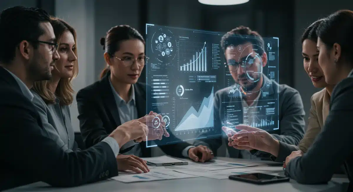 Profesionales colaborando con tecnología holográfica en proyectos de energía sostenible y ciudades inteligentes.