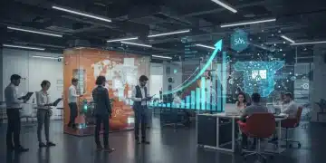 Profesionales innovadores colaborando en un espacio moderno, con gráficos de crecimiento y elementos tecnológicos que representan la innovación y las startups en España.