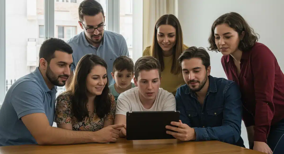 Grupo diverso de inquilinos examinando anuncios de alquiler en una tableta, reflejando la búsqueda de vivienda.