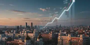 Panorama urbano moderno de Madrid con gráficos de crecimiento económico, simbolizando la inversión extranjera directa en España.