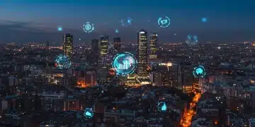 Paisaje urbano vibrante de Madrid al anochecer, simbolizando la inversión extranjera y el crecimiento económico en España en 2025.