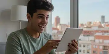 Planificación Financiera para Jóvenes en España: Construye tu Patrimonio antes de los 30 Joven español analizando gráficos financieros en una tablet con confianza, en un entorno moderno y urbano.