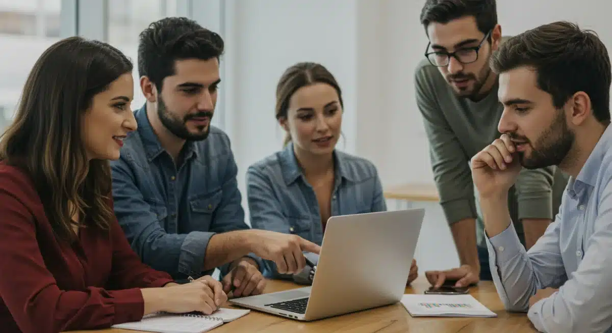 Grupo de jóvenes profesionales españoles discutiendo estrategias financieras en un ambiente colaborativo.
