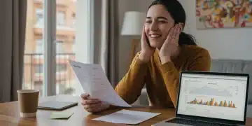 Salir de Deudas en 18 Meses: Bola de Nieve en España Mujer española revisando un plan de pago de deudas en un ordenador portátil, sonriendo con alivio, simbolizando la libertad financiera alcanzada.