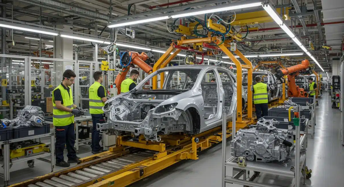 Línea de montaje de vehículos eléctricos en una fábrica española, reflejando la transformación industrial.