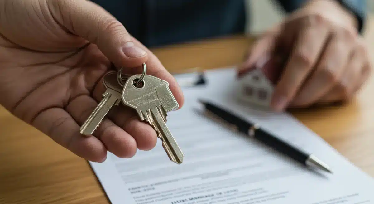 Manos sosteniendo llaves de casa sobre documentos de hipoteca, simbolizando financiación y compra.