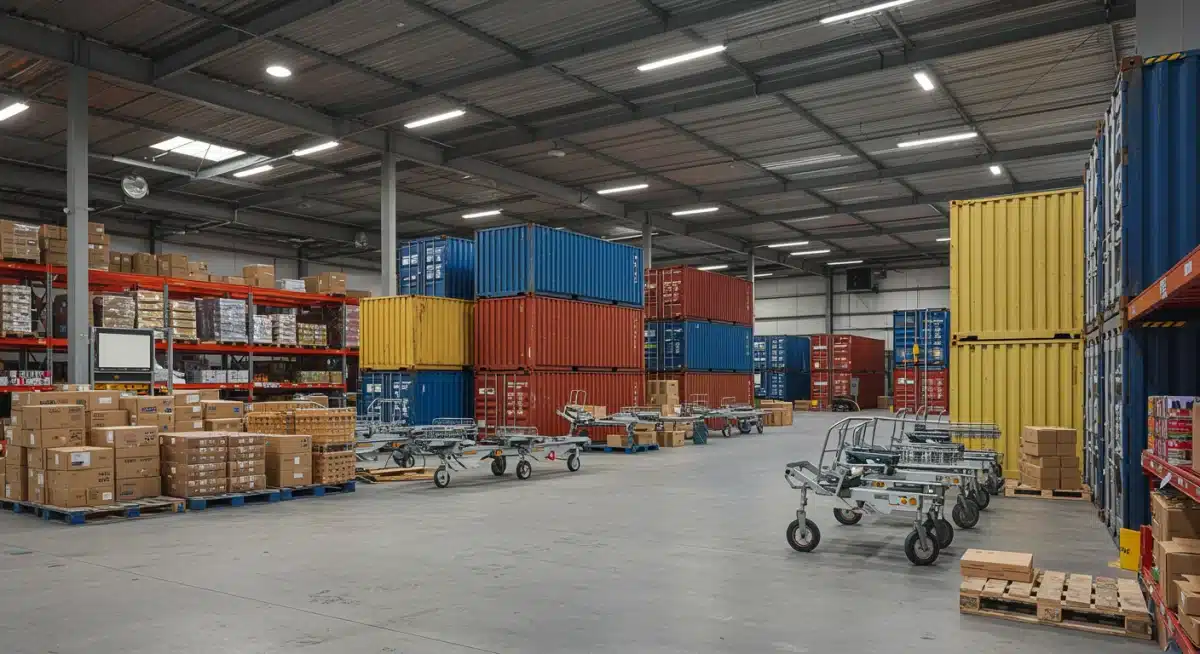 Centro logístico avanzado con productos españoles listos para exportar a mercados asiáticos y latinoamericanos.