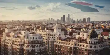 Ley de Vivienda 2025: Impacto en el Alquiler en España Skyline de Madrid con edificios residenciales, representando el impacto de la ley de vivienda en el mercado de alquiler español.