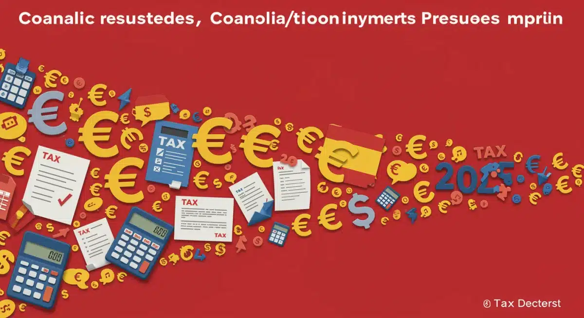 Ilustración de símbolos fiscales convergiendo, representando nuevas medidas tributarias en España.