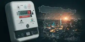 Medidor inteligente de energía con gráficos financieros y documentos regulatorios, simbolizando las nuevas regulaciones energéticas en España para 2025 y su impacto en las facturas.