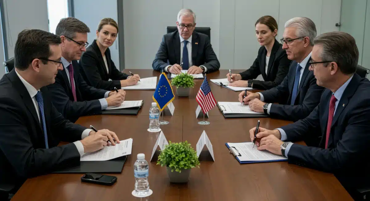 Líderes empresariales de la UE y EE. UU. negociando acuerdos comerciales, representando el diálogo sobre aranceles.