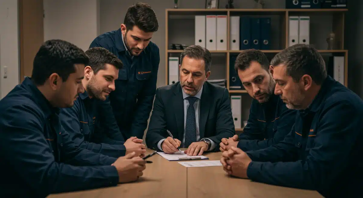 Grupo de trabajadores españoles negociando ajustes salariales con un directivo, representando la importancia de la negociación frente a la inflación.