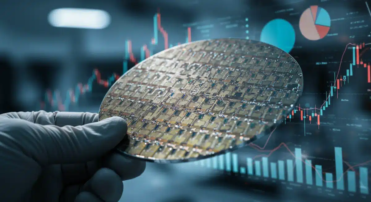 Oblea de semiconductor con patrones de circuitos, representando la fabricación avanzada y la resiliencia de la cadena de suministro.