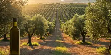Olivar soleado y botella de aceite de oliva, símbolo de la demanda global y la producción española.