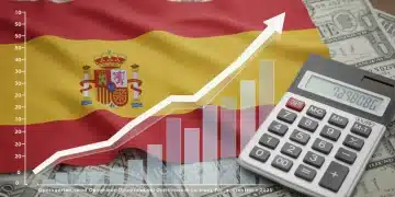 Gráfico financiero con elementos de la bandera española y calculadora, simbolizando la optimización fiscal empresarial en 2025.