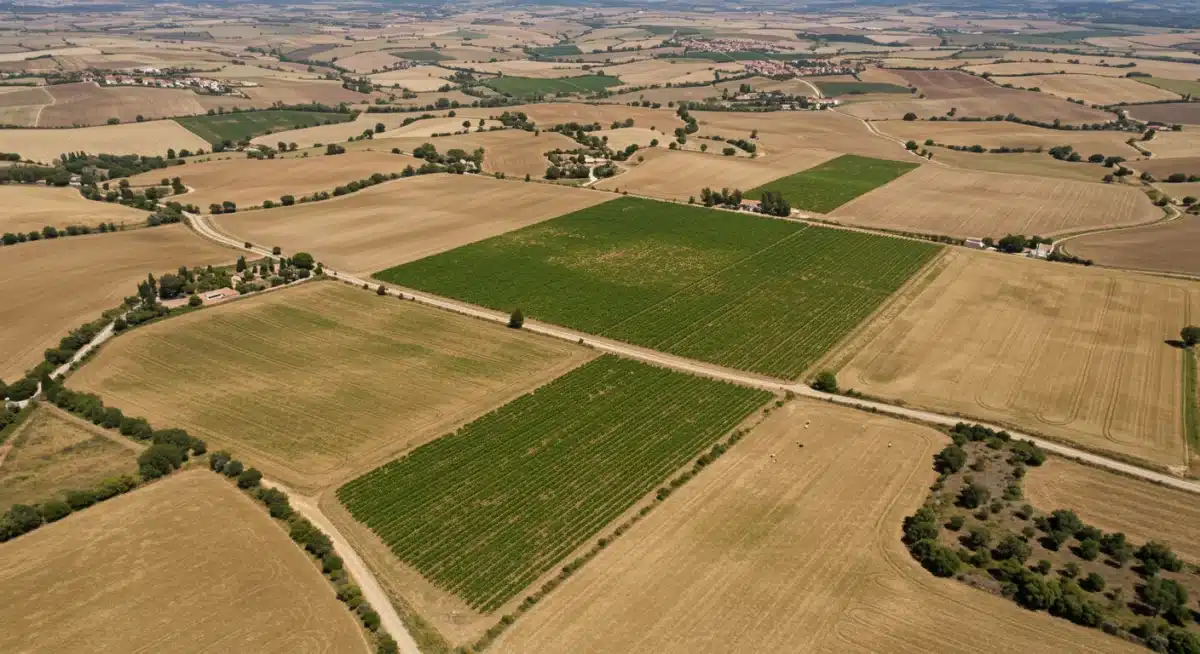 Paisaje agrícola diverso en España con viñedos y campos de cereales, representando la variedad del sector ante la PAC