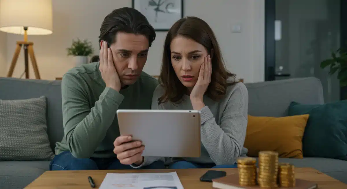 Pareja preocupada revisando extracto de hipoteca en tableta