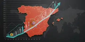 Gráficos económicos y símbolos de crecimiento sobre un mapa de España, representando la expansión del PIB.