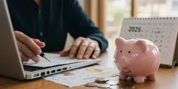 Ahorrar 5.000€ en un Año: Guía Definitiva para Salarios Medios en España 2025 Persona organizando sus finanzas en un portátil, con una hucha y un calendario de 2025, simbolizando el ahorro en España.