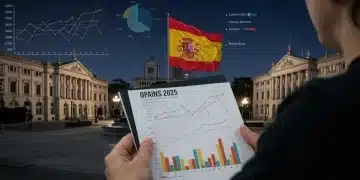 Gráfico financiero con edificios gubernamentales españoles, representando las políticas fiscales de España para 2025.