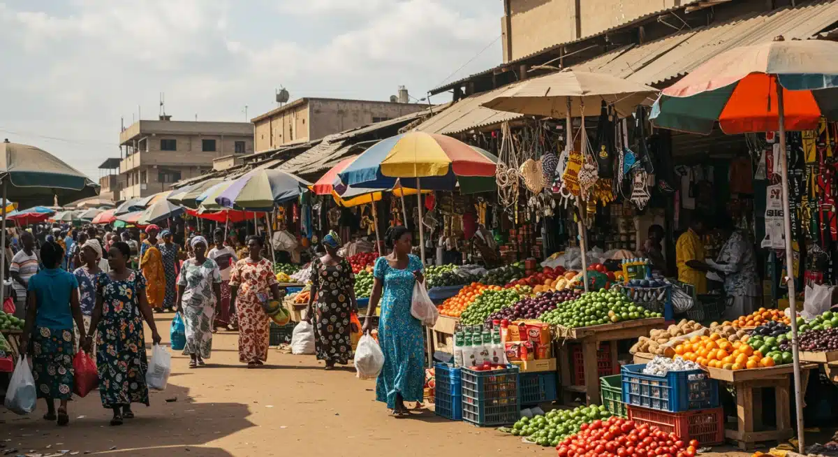 Mercado africano vibrante mostrando el potencial de consumo y la clase media emergente.