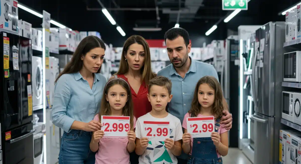 Familia española observando los precios crecientes de electrodomésticos en una tienda.