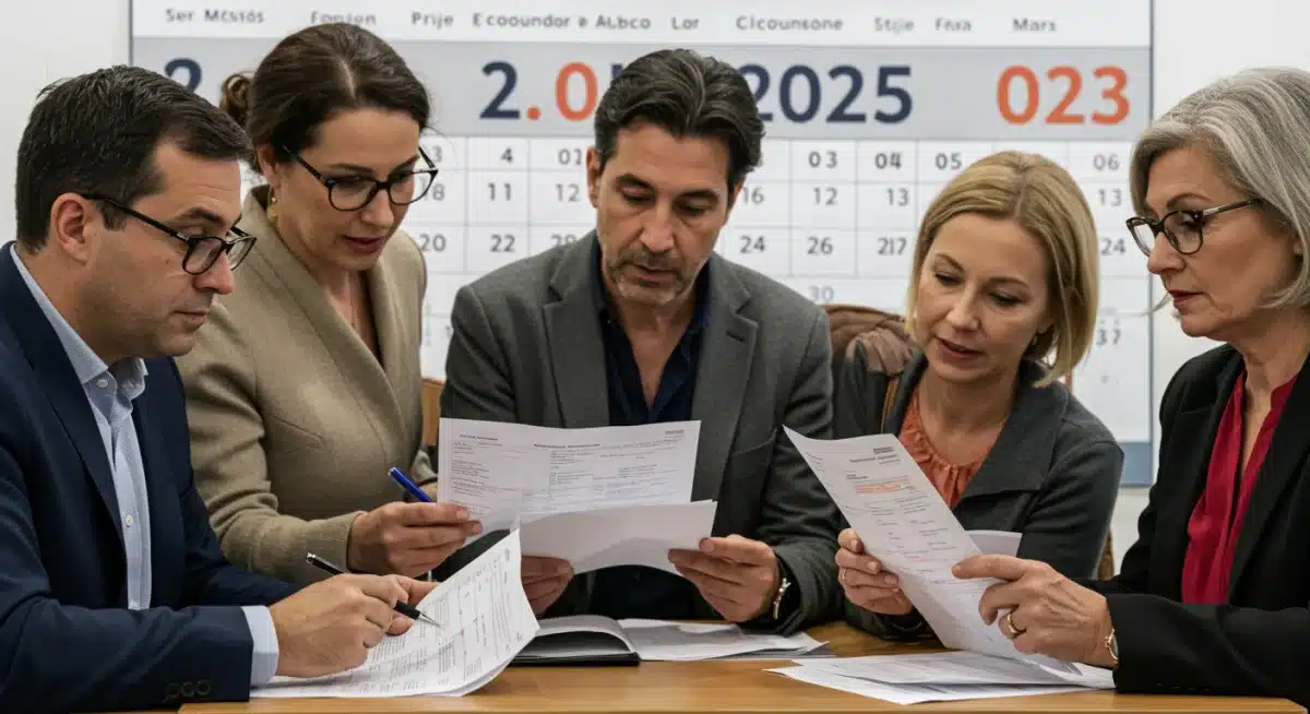 Personas diversas discutiendo documentos financieros con un calendario de 2025, simbolizando la preparación fiscal.