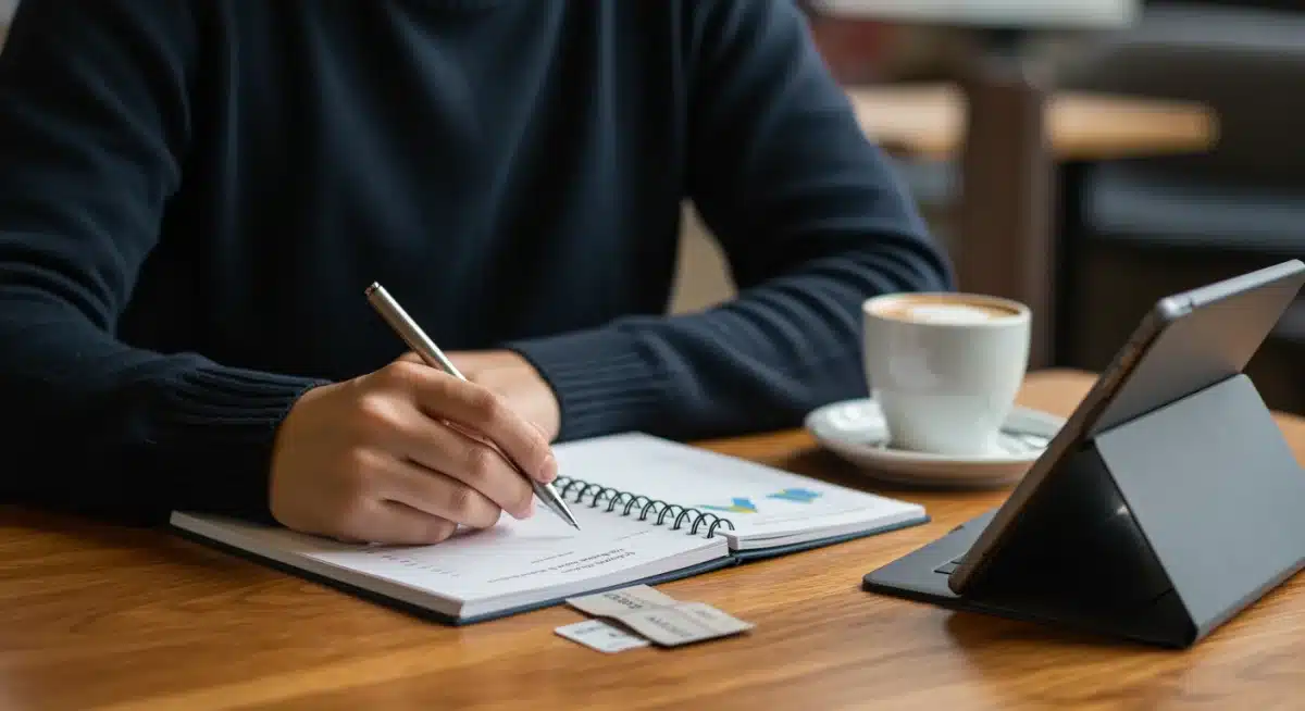 Joven español concentrado en la elaboración de un presupuesto personal y el seguimiento de gastos, reflejando disciplina financiera.
