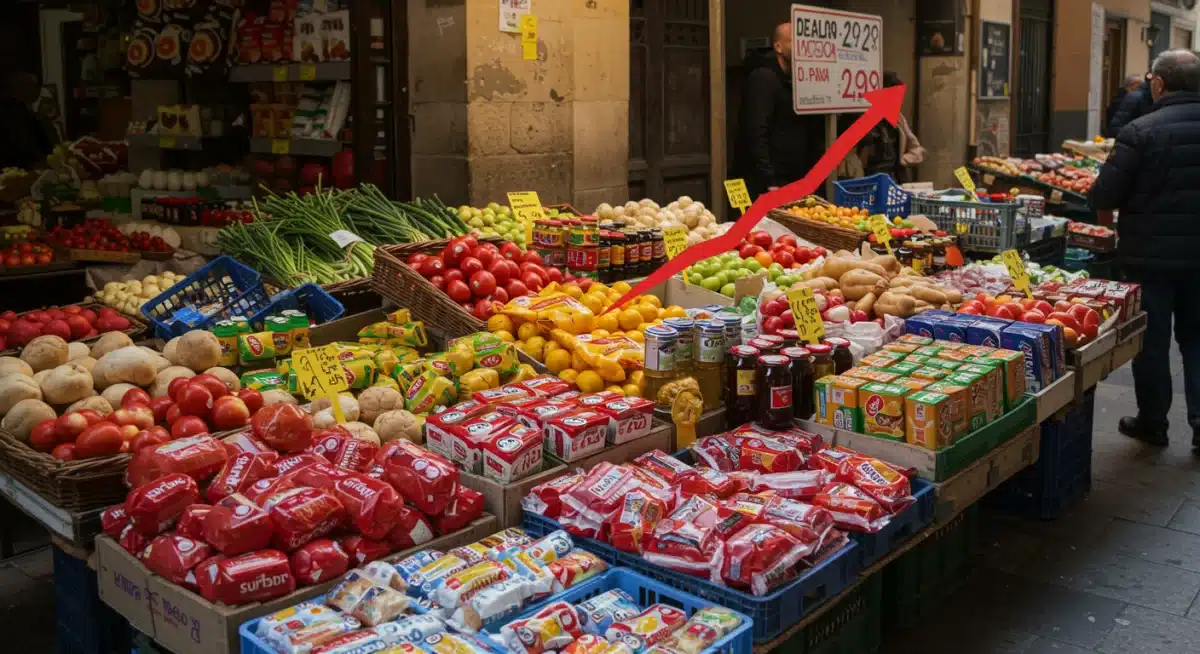 Productos importados en un mercado español, reflejando el aumento de precios al consumidor.