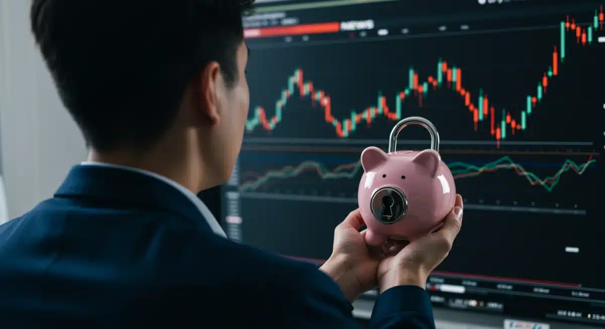 Persona protegiendo sus ahorros frente a la volatilidad del mercado con una hucha segura.