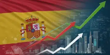 Ilustración digital de la recuperación económica española, con gráficos ascendentes y elementos de innovación.