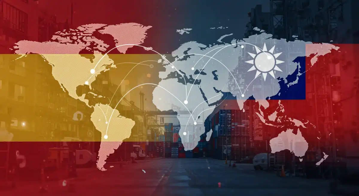 Red logística global con contenedores y líneas digitales, conectando España y Taiwán en la cadena de suministro tecnológica.