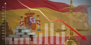 Gráfico mostrando la reducción de la deuda pública española y símbolos de estabilidad económica