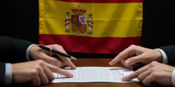 Análisis de la Reforma Laboral Española: Claves Contratación 2025 Documento legal sobre la reforma laboral española con la bandera de España, manos analizando cambios en contratación 2025.