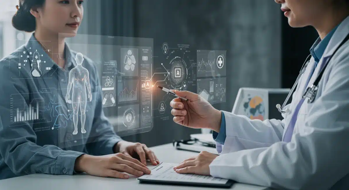 Representación de la telemedicina y la inteligencia artificial en la salud, con un médico atendiendo a un paciente de forma virtual, destacando la salud digital.