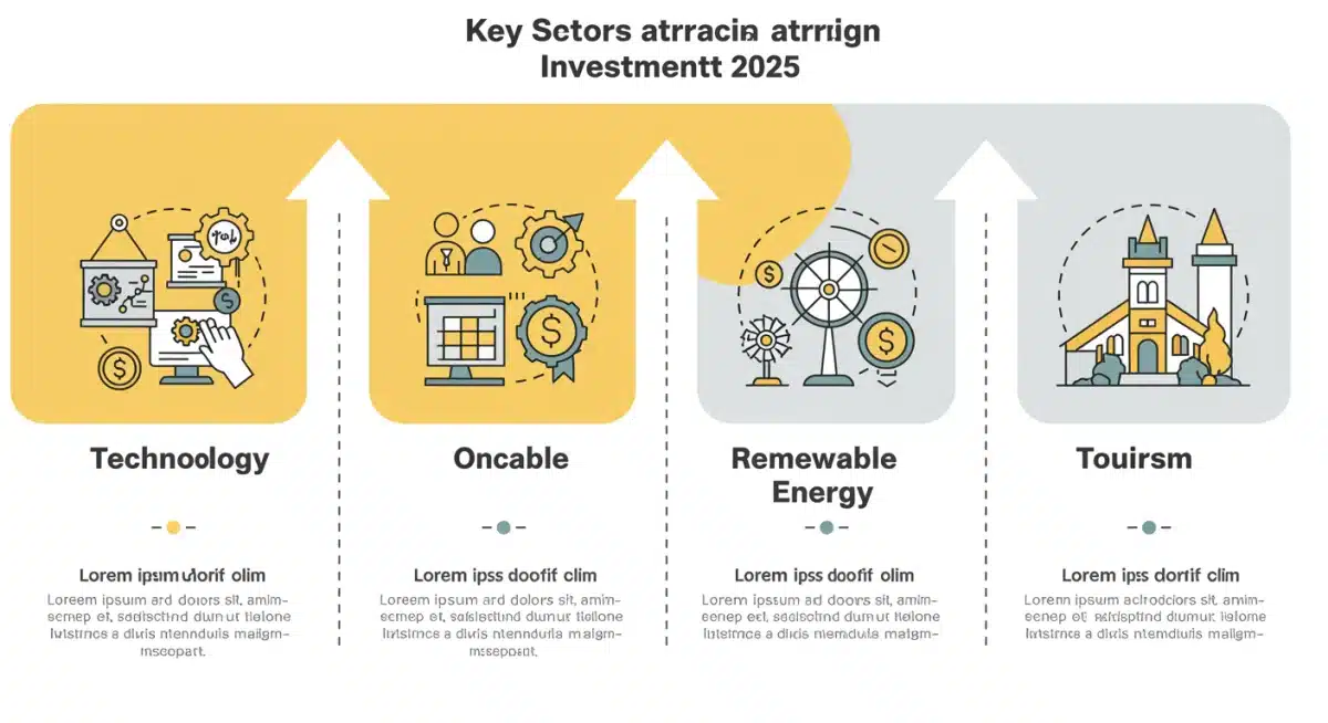 Infografía destacando los sectores clave de inversión extranjera en España para 2025: tecnología, energías renovables y turismo.