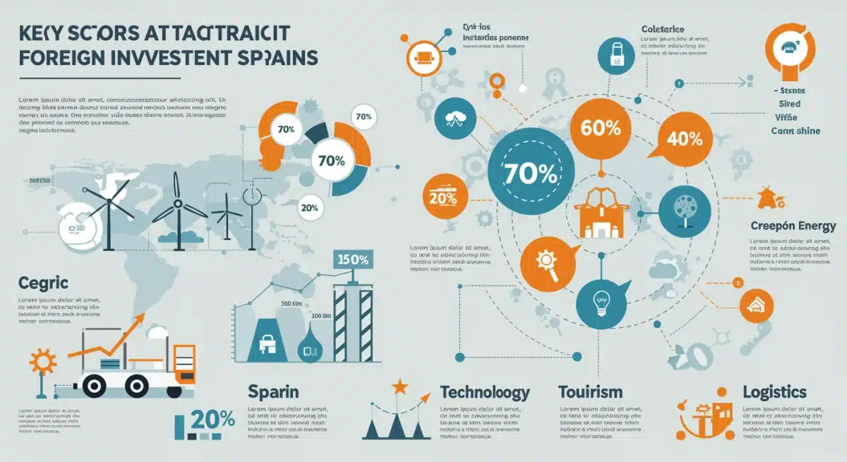 Infografía detallada de sectores clave para la inversión extranjera en España, incluyendo energías renovables y tecnología.